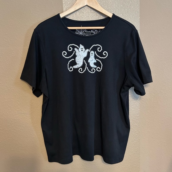 Coral Bay Tops - Halloween Ghost Top 1X Crisp White Satin and Sequins Ghosts